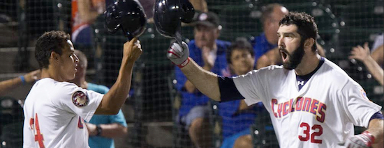 Zach Mathieu (right) celebrates a three-run homer against the Yankees at Coney Island's MCU Park on Tuesdaynight, but the game-tying shot couldn't propel Brooklyn past first-place Staten Island. Photo courtesy of Brooklyn Cyclones