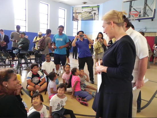 U. S. Senator Kirsten Gillibrand chats with kids and counselors at the Sunset Park Recreation Center Tuesday. Eagle photos by Paula Katinas