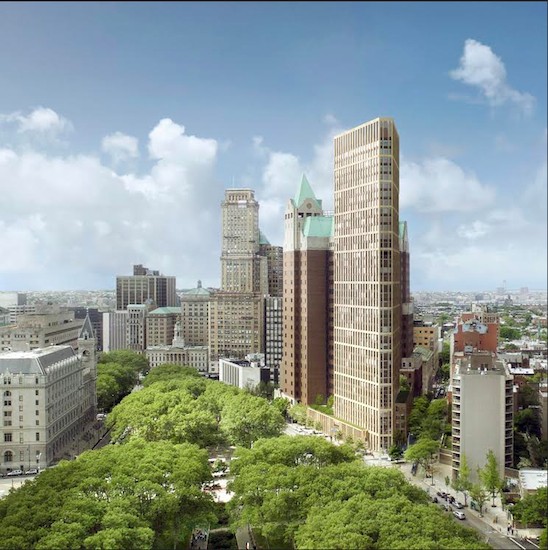 Hudson Companies Inc. hopes to build a 36-story residential tower, shown center right, on the site of the Brooklyn Heights Library. Rendering courtesy of Marvel Architects
