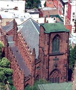 Caption: An aerial view of St. Ann & the Holy Trinity Church at Clinton and Montague streets. The landmark church will soon begin its fourth year of the Forum @ St. Ann’s.  Heights Press photo by Francesca N. Tate