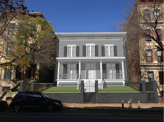 This renovation plan for 1375 Dean St. is unacceptable to the Landmarks Preservation Commission because of the glass wall extensions on the sides of the house. Photo montage by NC2 Architecture via the Landmarks Preservation Commission