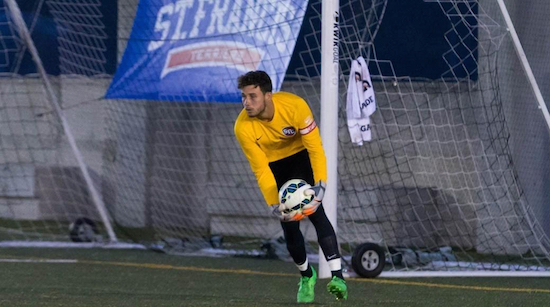 Senior netminder Jack Binks made five saves Saturday afternoon in Jersey City as the St. Francis Brooklyn soccer team extended its season-opening unbeaten streak to five games with a 1-1 draw at Saint Peter’s. Photo courtesy of SFC Brooklyn Athletics