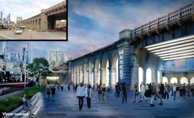 The "Gateway to Brooklyn" would revamp the area immediately coming off the Brooklyn Bridge, utilizing Anchorage Plaza and improving pedestrian access to Brooklyn Bridge Park. Courtesy of WXY Studio