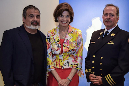 The federal courthouse in Downtown Brooklyn will feature a tribute to Sept. 11 in the Charles P. Sifton Gallery now through Nov. 13. From left: Artist Christopher Saucedo, Chief Judge Carol Bagley Amon and FDNY Brooklyn Borough Commander Wayne Cartwright. Eagle photos by Rob Abruzzese.