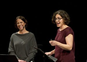 Julie Snyder (l.), executive producer of “Serial,” and Sarah Koenig, host and executive producer of the podcast, spoke about the wildly popular series at the Brooklyn Academy of Music (BAM) on Friday. Photos by Elena Olivo, courtesy of BAM