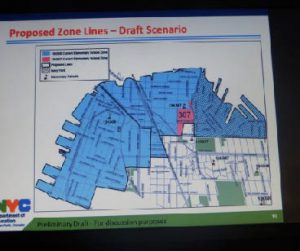 Photo of the Dept. of Education’s proposed changes to P.S. 8’s zoning lines. Eagle photo by Claude Scales