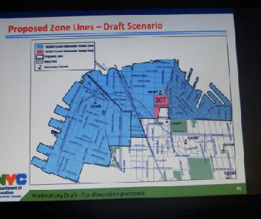 Photo of the Dept. of Education’s proposed changes to P.S. 8’s zoning lines. Eagle photo by Claude Scales