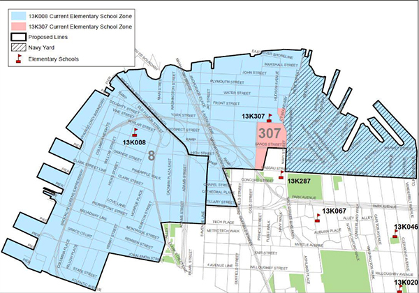 In DOE’s draft proposal, children in DUMBO, Vinegar Hill and part of Downtown Brooklyn would move to P.S. 307 in Vinegar Hill. The new dividing line runs along Old Fulton Street. Source: NYC Department of Education.