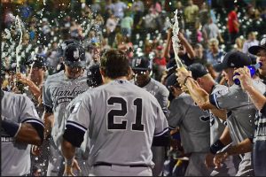 While the Cyclones limped back to the locker room following a disappointing 2015 season, the rival Staten Island Yankees celebrated clinching the McNamara Division title on Brooklyn soil Monday night. Photo courtesy of Robert Pimpsner/Pinstriped Prospects