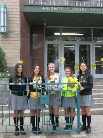 Bishop Kearney High School student council members Samantha Rubino, Annaliese Tucci, Johanna Sullivan, Amanda Potter and Carrie Guan (left to right) spearheaded the school’s Go Gold campaign. Photo courtesy of Bishop Kearney High School