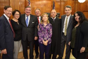 Members of the Kings County Supreme Court and the Cervantes Society celebrate Hispanic Heritage Month at the 20th annual Opening Ceremony on Wednesday. Pictured from left: Hon. Mark Partnow, Ariadne Sigault, Hon. Matthew D’Emic, Hon. David B. Vaughan, Haydee Camacho, Hon. Francois Rivera, Hon. Lawrence Knipel and Major Luz G. Bryan. Eagle photos by Rob Abruzzese