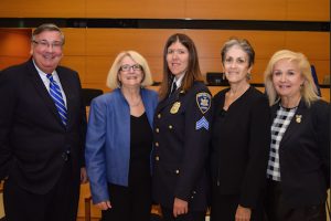 Sgt. Christine Pagano (center) was named Court Employee of the Year during a ceremony at the Kings County Supreme Court on Thursday. From left: Hon. Matthew D’Emic, Hon. Patricia Henry, Hon. Laura Jacobson and Hon. Esther Morgenstern were on hand to congratulate Pagano. Eagle photos by Rob Abruzzese.