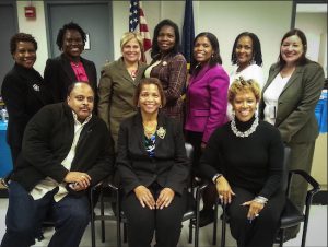 The Kings County Civil Court Gender Fairness Committee and the Brooklyn Women’s Bar Association hosted a discussion with Phyllis Hall, a survivor of domestic violence, to help raise awareness. Pictured are (standing from left): Hon. Ingrid Joseph, Renee Williams, Hon. Theresa M. Ciccotto, Hon. Genine Edwards, Turquoise Haskin, Tyedanita McLean, and Assistant Deputy Chief Clerk Lena Ferrera. (Sitting from left): Carl Joseph, Phyllis Hall and Hon. Evelyn Laporte. Photos by Rob Abruzzese.