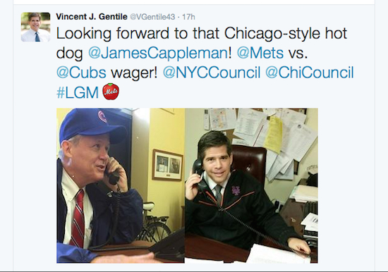 Councilmember Vincent Gentile (right) has made a friendly wager with his Chicago counterpart, Alderman James Cappleman (left). Gentile tweeted about the bet on twitter. Image courtesy of Gentile’s office