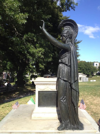 Green-Wood Cemetery, where this statue of Minerva presides, will be an important focus of a Landmarks Preservation Commission hearing today. Eagle photo by Lore Croghan