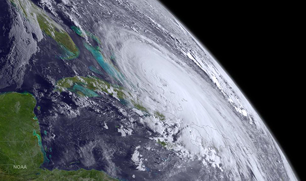 This stunning shot of Hurricane Joaquin from the National Weather Service shows the storm over the Bahamas on Thursday. Florida is in the upper left hand corner.  Courtesy of NOAA's GOES West