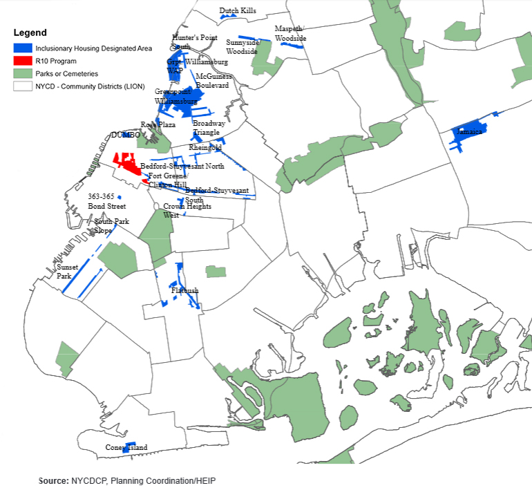 This map shows the areas of Brooklyn where voluntary inclusion currently applies.  The final mandatory inclusion neighborhoods have not been announced, with the exception of East New York in Brooklyn.  Map courtesy of the NYC Department of City Planning