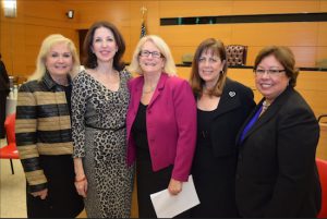 From left: Hon. Esther M. Morgenstern, Hon. Judy Harris Kluger, Hon. Patricia E. Henry, Hon. Deborah Kaplan and Hon. Jeanette Ruiz were on hand to celebrate the 10th anniversary of Brooklyn’s Integrated Domestic Violence Court. Eagle photos by Rob Abruzzese