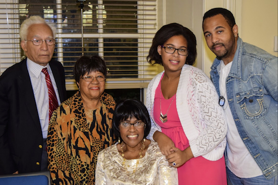 Members of the Brooklyn court system said goodbye to Izetta Johnson after 35 years. From left: Hon. Lewis L. Douglass, Hon. Yvonne Lewis, Izetta Johnson, Aaliyah Johnson and Ashley Johnson. Eagle photos by Rob Abruzzese.