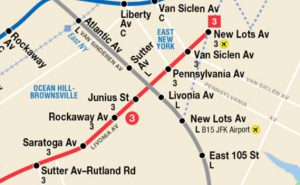 In its budget proposed on Wednesday, the MTA agreed to fund a long-awaited connection between the Livonia Avenue – Junius Street L and 3 lines in Brownsville. Map courtesy of MTA.