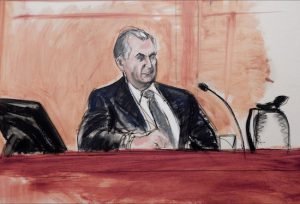 In this courtroom sketch, former Bonanno crime family underboss Salvatore Vitale testifies during the trial of reputed gangster Vincent Asaro on Monday, Oct. 19, 2015, at federal court in Brooklyn. The legendary 1978 theft at the Kennedy Airport's Lufthansa cargo terminal was dramatized in the hit film "Goodfellas." Elizabeth Williams via AP