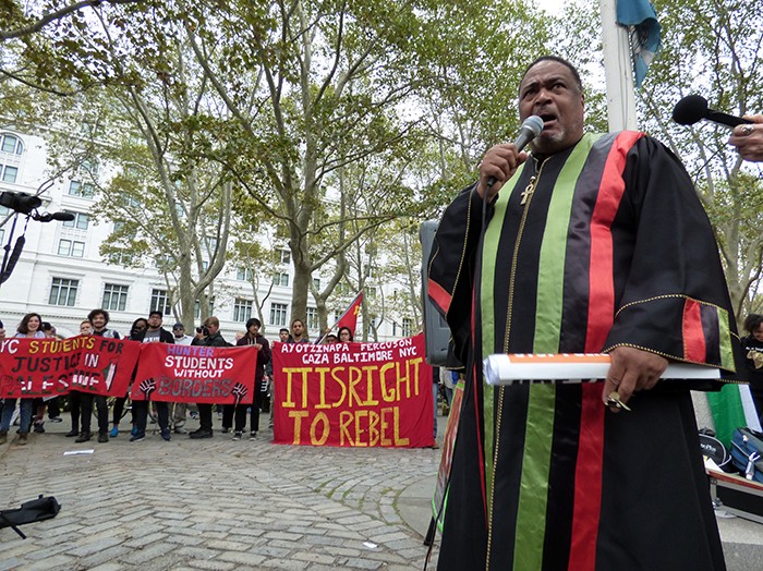 The Rev. Jerome McCorry, national faith coordinator for the Stop Mass Incarceration Network, told the crowd, “It’s fighting time.” Photo by Mary Frost