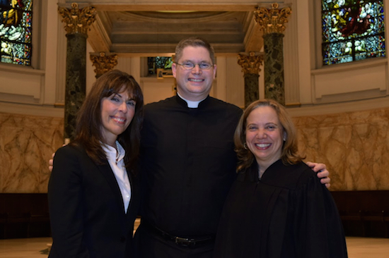 The Kings County chapter of the Catholic Lawyers Guild and the Columbian Lawyers Association of Brooklyn hosted Red Mass at the Cathedral Basilica of St. James in Downtown Brooklyn on Thursday. Pictured from left is President of the Columbian Lawyers Association RoseAnn C. Branda, Rev. Patrick J. Keating, and President of the Catholic Lawyers Guild Hon. Lizette Colon. Eagle photo by Rob Abruzzese