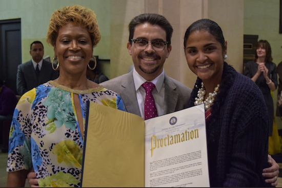 Deputy Borough President Diana Reyna (right) presents Hon. Evelyn J. Laporte (left) and Hon. Raymond L. Rodriguez (center) with a proclamation from the Borough President’s Office during the Kings County Criminal Court’s second annual Hispanic Heritage Month celebration. Eagle photos by Rob Abruzzese.