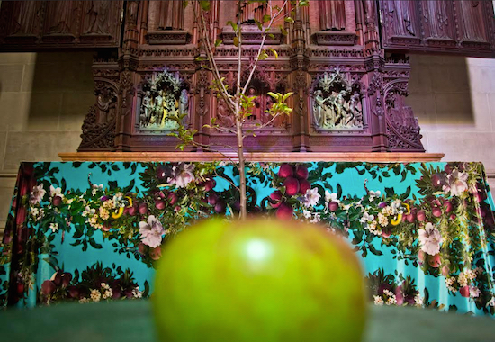 "Temptation," part of an installation from the artist-duo David Burns and Austin Young, appears among the works of 30 artists in the multimedia exhibition “The Value of Food: Sustaining a Green Planet” at the Cathedral of St. John the Divine. The exhibition, currently installed in the cathedral’s seven chapels and 14 bays, explores food accessibility, sustainability and other food-related issues and runs through April 3, 2016. AP Photo/Bebeto Matthews