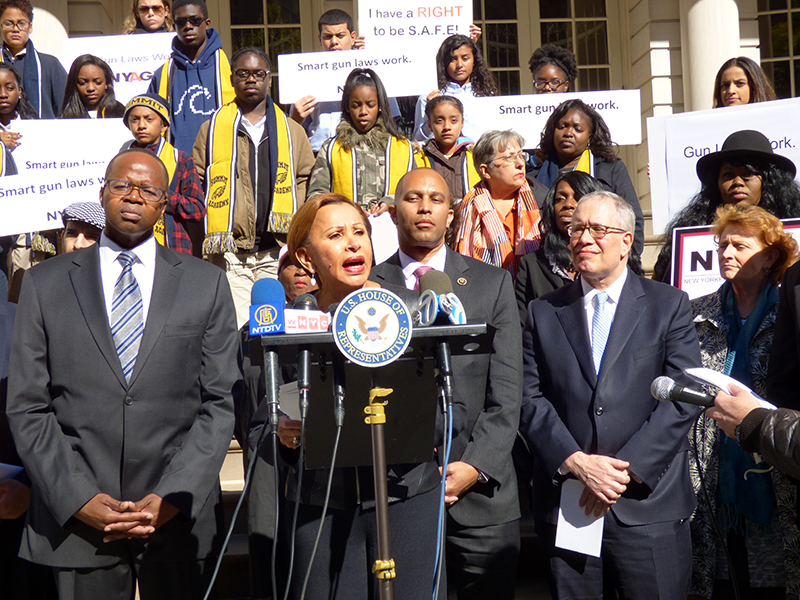 Shown from left: Brooklyn District Attorney Ken Thompson, Congresswoman Velázquez, U.S. Rep. Hakeem Jeffries, NYC Comptroller Scott Stringer and Assemblymember Jo Anne Simon. Photo by Mary Frost