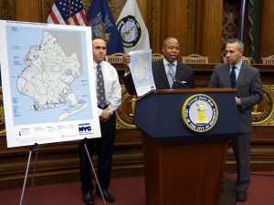 Brooklyn Borough President Eric Adams presented a new map showing storm resiliency projects across the borough. Adams said the map will make resiliency efforts more transparent and accountable. Photo by Mary Frost