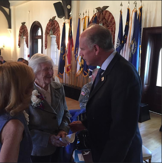 U.S. Rep. Dan Donovan chats with Ann Bryne, sister of World War II hero Andrew Doyle. Photo courtesy of Donovan’s office