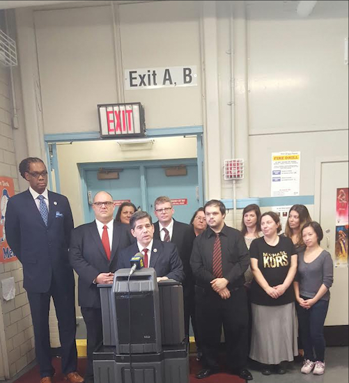Councilmembers Vincent Gentile (at podium) and Robert Cornegy (at left) came to P.S. 176 in Dyker Heights to offer a progress report on Avonte’s Law. Photo courtesy of Gentile’s office