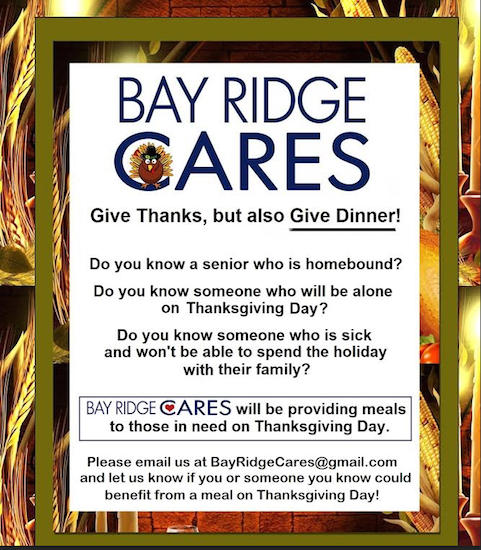 Leaders of the group have posted this flier on social media sites to solicit suggestions on where to bring free Thanksgiving meals. Image courtesy of Bay Ridge Cares
