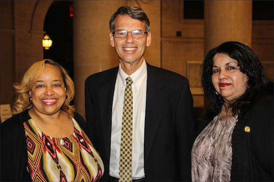 Hon. Deborah Dowling, Hon. Lawrence Knipel and Major Luz G. Bryan, president of the Cervantes Society, at the society’s 20th annual awards ceremony, where a pair of Brooklyn lawyers were among the honorees. Eagle photos by Mario Belluomo