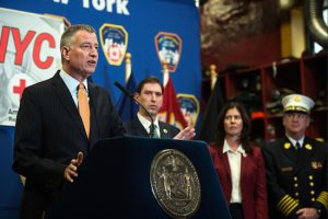 At a press conference in Flatbush on Monday, Mayor Bill de Blasio announced that the city would give away and install 100,000 smoke/carbon monoxide detectors. Photo courtesy of the Office of the Mayor.