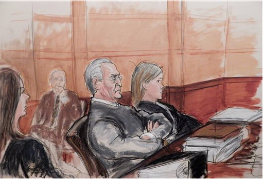In this courtroom sketch, Vincent Asaro, 80, third from left, sits flanked by his defense attorneys during opening arguments on Oct. 15 at federal court in Brooklyn, in his federal racketeering conspiracy trial for his role in the $6 million, 1978 Lufthansa cargo heist at John F. Kennedy airport. The dramatic robbery was immortalized in the film “Goodfellas.” Elizabeth Williams via AP