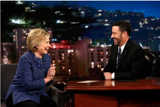 Democratic presidential candidate Hillary Rodham Clinton, left, laughs with host Jimmy Kimmel, Thursday, Nov. 5, 2015, during "Jimmy Kimmel Live" in Hollywood, Calif. It's Kimmel's birthday today. Randy Holmes/ABC via AP