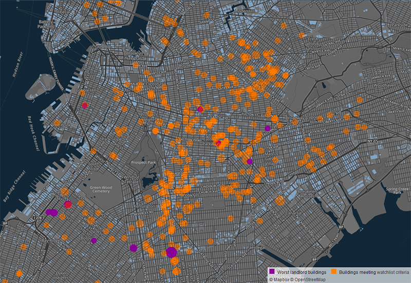 This map shows some of the worst buildings in Brooklyn. The orange dots mark buildings with the highest number of violations; the purple dots mark buildings managed by landlords with the word records in New York City. Hundreds of other buildings are also on the Public Advocate’s Watchlist. Map courtesy of the Public Advocate’s Office
