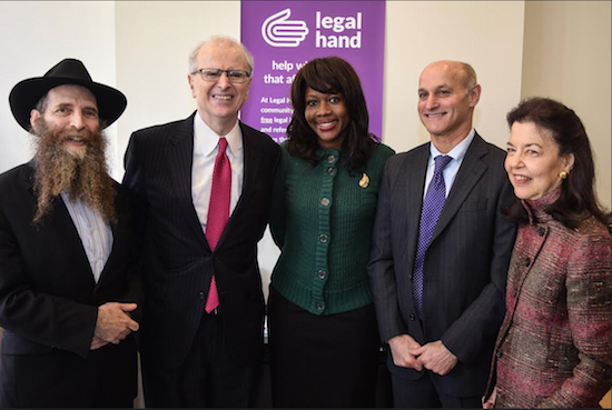 Legal Hand is a community-driven project designed to help close the state’s justice gap by providing legal advice to low-income Brooklynites. From left: Rabbi Eli Cohen, executive director of the Crown Heights Community Council; Chief Judge Jonathan Lippman; Assemblymember Diana C. Richardson; Hon. Lawrence K. Marks; and Helaine Barnett, chair of the Permanent Commission on Access to Justice. Photos by Rob Abruzzese