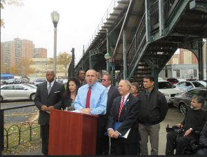 Councilmember Mark Treyger (at microphone), Borough President Eric Adams, state Sen. Diane Savino, Assemblymember Bill Colton and other officials are calling for MTA service improvements. Photo courtesy of Treyger’s office