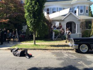 Here's famed director Steven Spielberg lying on the street in this October 2014 photo. He's figuring out camera angles to film a “Bridge of Spies” scene in Ditmas Park. Photo by Tom Parker