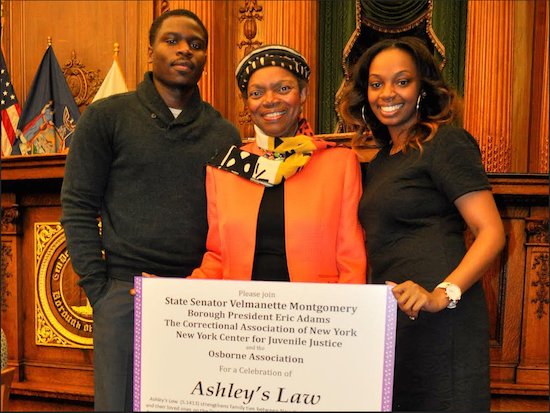 State Sen. Velmanette Montgomery (center), pictured with young activists Jim St. Germain and Ashley Duncan at a Borough Hall ceremony, helped lead a reform movement in Brooklyn politics. Photo courtesy of state Sen. Montgomery’s office