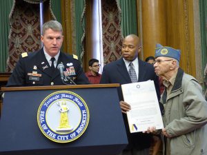 Judge Jerome Cohen (ret.) was one of ten veterans honored by Brooklyn Borough President Eric Adams at a Borough Hall ceremony of Monday. Shown from left: Colonel Joseph D. Davidson, Adams and Judge Cohen.  Photo by Mary Frost