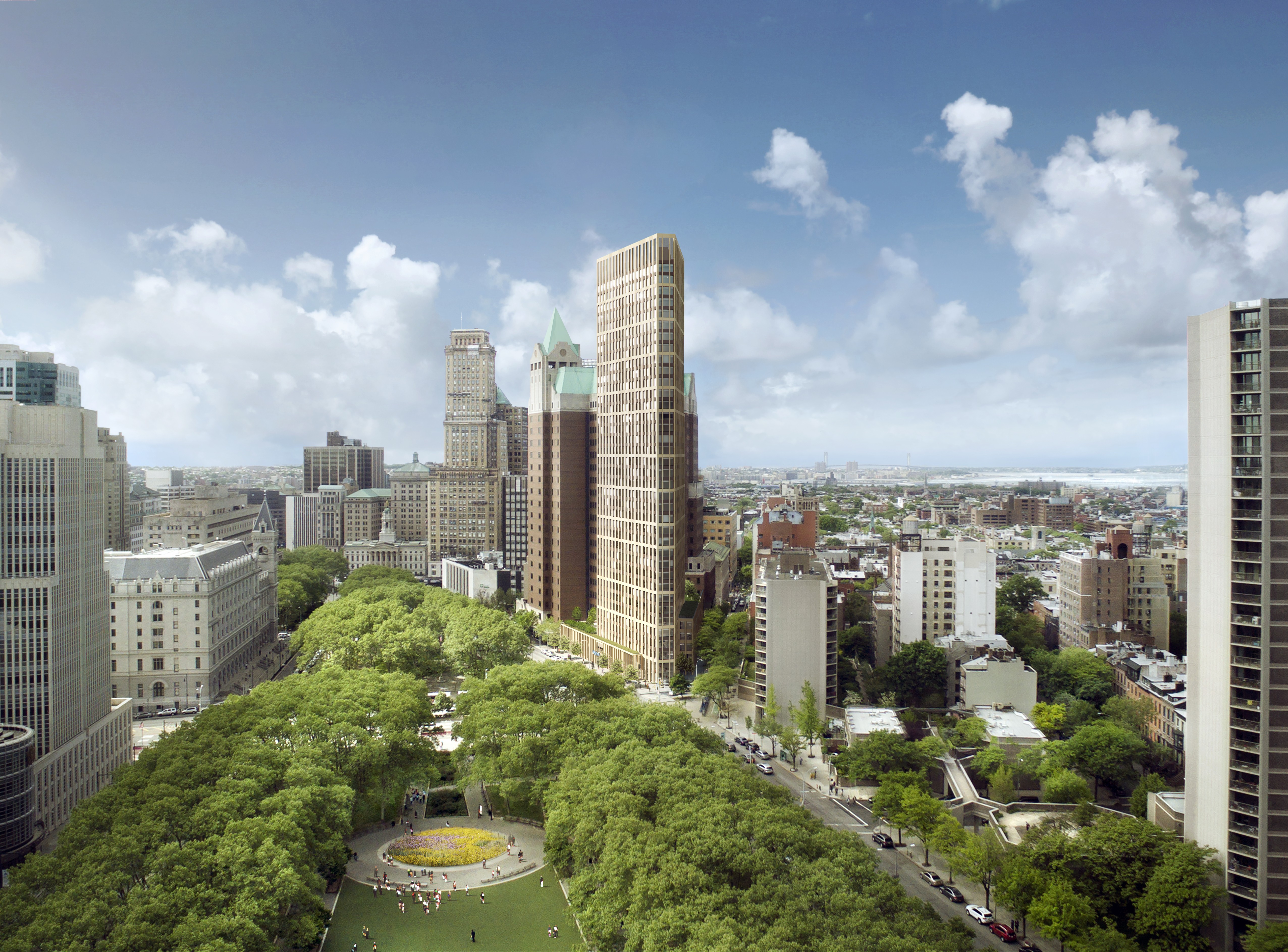 Hudson plans to build a 36-story condo tower (shown center), with some ground floor retail, and 114 units of affordable rentals in Clinton Hill. Rendering courtesy of Marvel Architects