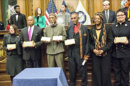 This year’s Brooklyn Cornerstone Awards were presented to the clergy from the Christian, Jewish and Muslims faiths who have served their communities the longest. From left: Rabbi Linda Henry Goodman, Union Temple of Brooklyn; Brooklyn Borough President Eric L. Adams; Imam Siraj Wahhaj; Rev. Dr. Herbert Daughtry, standing with his wife Pastor Karen Smith Daughtry; and the Rev. Anne Kansfield, who received Rabbi Joseph Potasnik’s award on his behalf. Eagle photos by Francesca N. Tate
