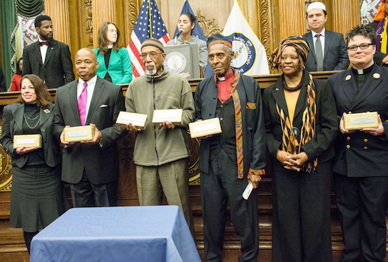 This year’s Brooklyn Cornerstone Awards were presented to the clergy from the Christian, Jewish and Muslims faiths. Left-right: Rabbi Linda Henry Goodman, Union Temple of Brooklyn; Borough President Eric L. Adams; Imam Siraj Wahhaj, who received for himself and Ibrahim Abdul Hakim; Rev. Dr. Herbert Daughtry, standing with his wife, Pastor Karen Smith Daughtry, and the Rev. Anne Kansfield, who received Rabbi Joseph Potasnik’s award on his behalf. Brooklyn Eagle Photo by Francesca N. Tate