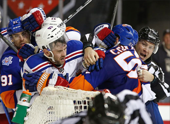 The Islanders and Rangers brought their heated rivalry to Downtown Brooklyn for the first time ever Wednesday night as fans from both teams and players on the ice exchanged hostilities throughout. AP photo