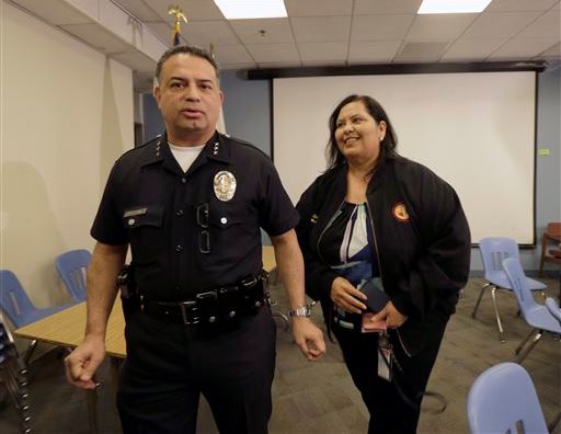 School board member Monica Garcia , right with Los Angeles school police Chief Steve Zipperman speaks to media after officials closed all Los Angeles Unified School District campuses due to an electronic threat on Tuesday  in Los Angeles. AP Photo/Nick Ut