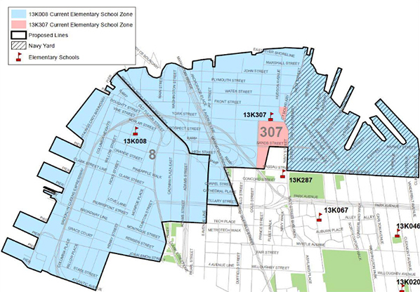 DOE’s plan to rezone overcrowded P.S. 8 in Brooklyn Heights and P.S. 307 in Vinegar Hill would slice P.S. 8's current zone in half. Map courtesy of New York City Department of Education